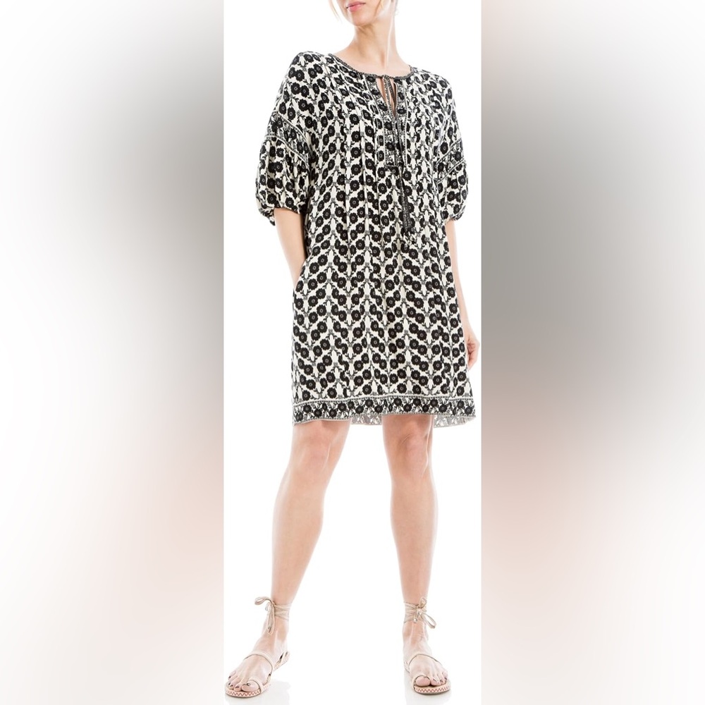 MAX STUDIO Floral Puff Sleeve Shift Dress In cream/black Linum Floral sz large